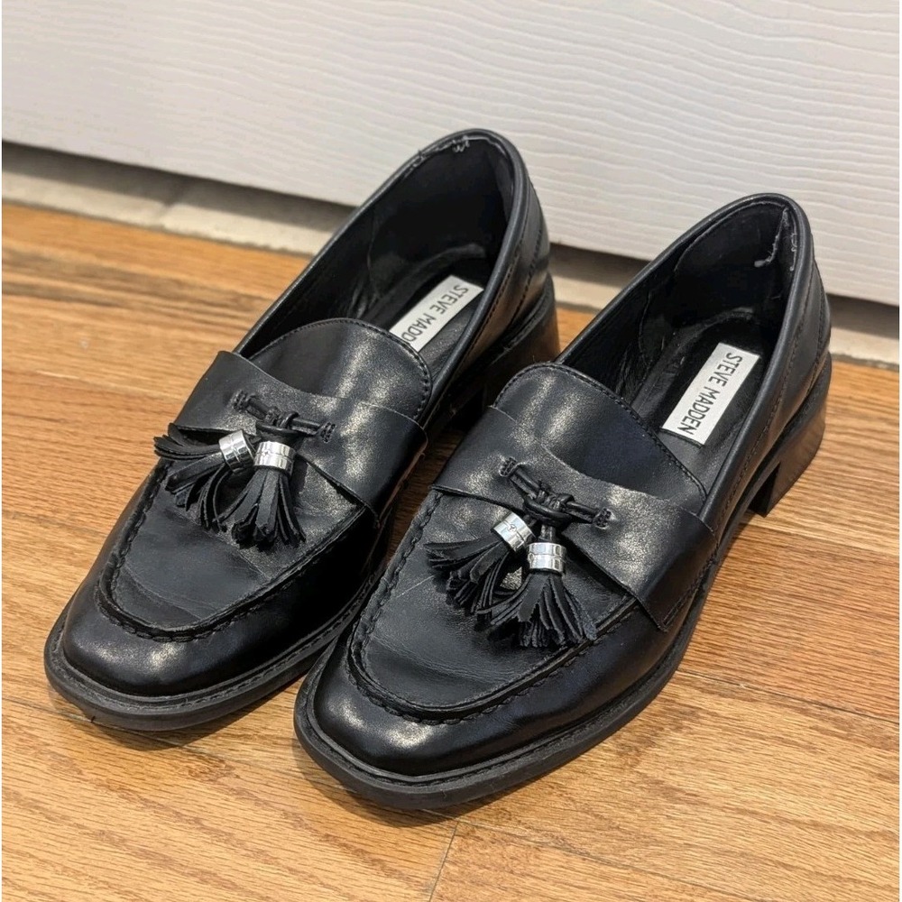 Quiet Luxury Steve Madden Annabeth Leather Tassel Loafers Black‎ 8.5M